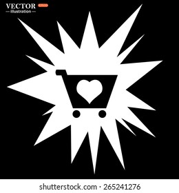 Bomb blast. White flash, explosion, lightning, cotton, thunder. On a black background.   Favorite products. Favorite purchase. Heart.  put in shopping cart , vector illustration, EPS 10