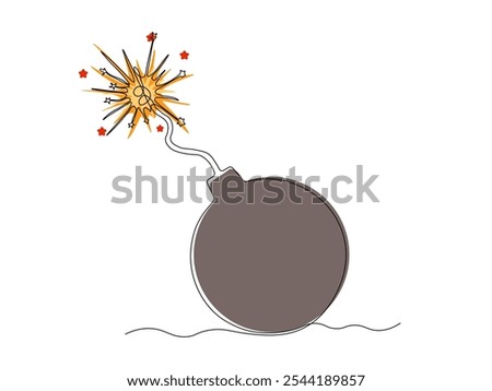 bomb with a burning fuse, continuous single line art drawing sketch, logo