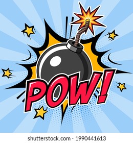 Bomb with burning fuse and explosion with POW text. Vector illustration in cartoon comic style
