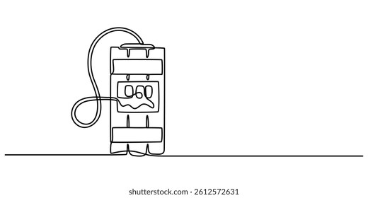 Bomb with burning fuse in one Continuous line drawing. Stress explosion and boom concept with fire wick in simple linear style, Bomb one line art, hand drawn military supply, ammunition continuous pro