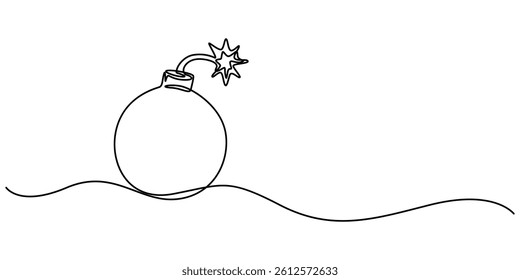 Bomb with burning fuse in one Continuous line drawing. Stress explosion and boom concept with fire wick in simple linear style, Bomb one line art, hand drawn military supply, ammunition continuous pro