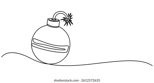 Bomb with burning fuse in one Continuous line drawing. Stress explosion and boom concept with fire wick in simple linear style, Bomb one line art, hand drawn military supply, ammunition continuous pro