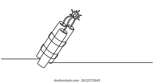 Bomb with burning fuse in one Continuous line drawing. Stress explosion and boom concept with fire wick in simple linear style, Bomb one line art, hand drawn military supply, ammunition continuous pro