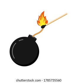Bomb and burning match flat design icon isolated on white background. Black cannonball sign with fire on wick.  Vector illustration of explosion concept.
