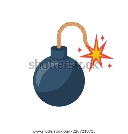 Bomb with a burning wick. Black round bomb with fire fuse. Cartoon dynamite ready to explode. Vector illustration flat design. Isolated on white background.