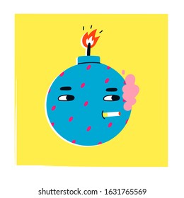 Bomb with burning wick. Cute face with smoking cigarette. Hand drawn Vector illustration. Comic, cartoon quirky style. Trendy design. Bright colors. Funny character. T-Shirt print idea. Sticker style