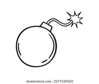 bomb with burning wick doodle hand drawn icon. Outline drawing bomb with burning wick line clipart symbol. Vector illustration