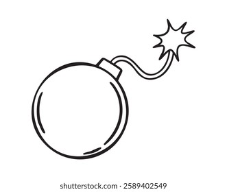 bomb with burning wick doodle hand drawn icon. Outline drawing bomb with burning wick line clipart symbol. Vector illustration