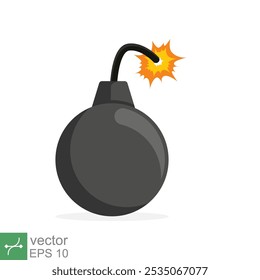 Bomba con el icono de mecha ardiente. Estilo plano simple. Fusible, dibujos animados, silueta, negro, ataque, fuego, explosión, concepto de arma. Ilustración vectorial aislada sobre fondo blanco. EPS 10.