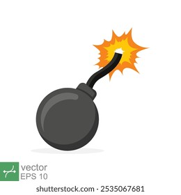 Bomba con el icono de mecha ardiente. Estilo plano simple. Fusible, dibujos animados, silueta, negro, ataque, fuego, explosión, concepto de arma. Ilustración vectorial aislada sobre fondo blanco. EPS 10.