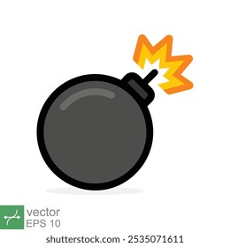 Bomba con el icono de mecha ardiente. Estilo plano simple. Fusible, dibujos animados, silueta, negro, ataque, fuego, explosión, concepto de arma. Ilustración vectorial aislada sobre fondo blanco. EPS 10.