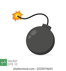 Bomba con el icono de mecha ardiente. Estilo plano simple. Fusible, dibujos animados, silueta, negro, ataque, fuego, explosión, concepto de arma. Ilustración vectorial aislada sobre fondo blanco. EPS 10.