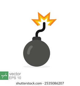 Bomba con el icono de mecha ardiente. Estilo plano simple. Fusible, dibujos animados, silueta, negro, ataque, fuego, explosión, concepto de arma. Ilustración vectorial aislada sobre fondo blanco. EPS 10.