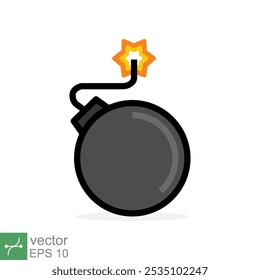 Bomba con el icono de mecha ardiente. Estilo plano simple. Fusible, dibujos animados, silueta, negro, ataque, fuego, explosión, concepto de arma. Ilustración vectorial aislada sobre fondo blanco. EPS 10.