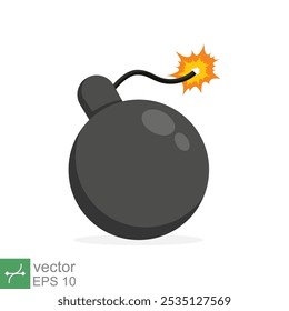 Bomba con el icono de mecha ardiente. Estilo plano simple. Fusible, dibujos animados, silueta, negro, ataque, fuego, explosión, concepto de arma. Ilustración vectorial aislada sobre fondo blanco. EPS 10.