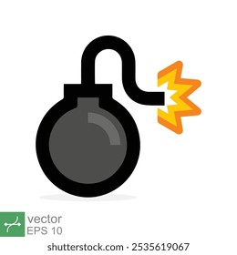 Bomba con el icono de mecha ardiente. Estilo plano simple. Fusible, dibujos animados, silueta, negro, ataque, fuego, explosión, concepto de arma. Ilustración vectorial aislada sobre fondo blanco. EPS 10.