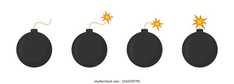Bomba con un juego de mecha en llamas. Colección de elementos planos de arma dinámica de bola. Efecto de auge. Vector aislado en blanco.