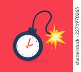 Bomb with a burning wick and timer inside. Time bomb, and missing deadline concept. Vector flat illustration on the background.