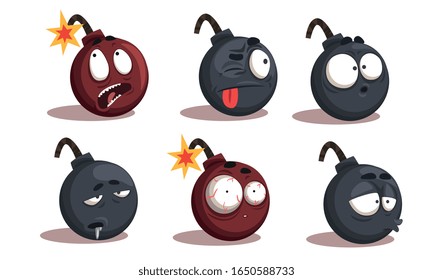 Charaktere von Bombencartoons mit sonnigen Gesichtern und Illustration zur Vektorillustration der Emotionen-Kollektion auf weißem Hintergrund