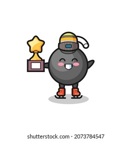 caricatura de bomba como jugador de patinaje sobre hielo sostiene trofeo ganador, diseño de estilo lindo para camiseta, pegatina, elemento logo