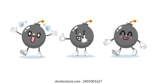 Bomb character. Doodle explosive round weapon mascot with funny retro cartoon faces and expressions.