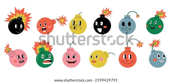 Bomb character. Doodle explosive round weapon\
mascot with funny retro cartoon faces and expressions. Vector\
military weapon and explosive tool game icon set. Smiling, scared\
and angry emotions
