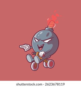 Personagem bomba montando um triciclo enquanto grita e na ilustração do vetor de fogo. Conceito de design de mascote.