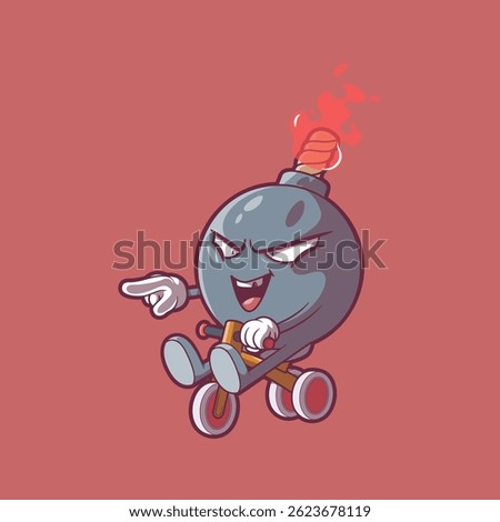 Bomb Character riding a tricycle while screaming and on fire vector illustration. Mascot design concept.