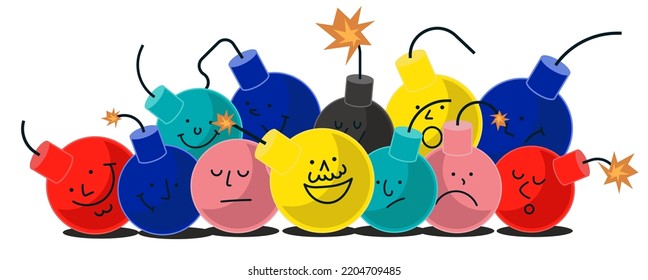 Juego de caracteres de la bomba. Mascota redonda de armas con emociones y caras divertidas. Colección explosiva de emociones con fetos y ojos. Aislado en el concepto de ilustración dinámica de expresión de fondo blanco