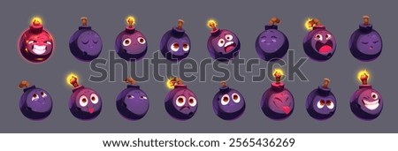 Bomb characters set isolated on black background. Vector cartoon illustration of funny explosive mascots with burning wick, evil, angry, scared, happy smile, winking emotions on face, boom emoji