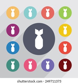 bomb circle, flat icons set. Round colorful buttons 