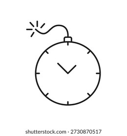 Bomb With Clock Line Icon. Time Management, Deadline Pressure, And Urgency Outline Symbol. Stress And Risk Awareness. Editable Stroke. Isolated Vector Illustration.