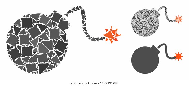 Bomb composition of tremulant items in different sizes and color tones, based on bomb icon. Vector uneven items are organized into collage. Bomb icons collage with dotted pattern.