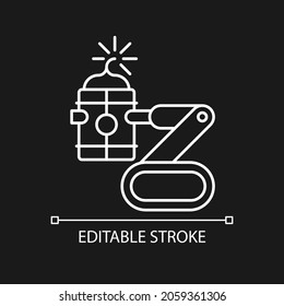 Bomb defusing robots white linear icon for dark theme. Explosive ordnance remote disposal. Thin line customizable illustration. Isolated vector contour symbol for night mode. Editable stroke
