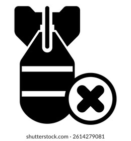 Bomb for destruction ban solid icon, prohibited items concept. Vector graphics. Air bombing forbidden sign on white background, glyph style mobile or design