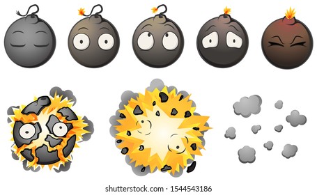 Bomb detonating explosion animation cartoon design element set, isolated vector, horizontal
