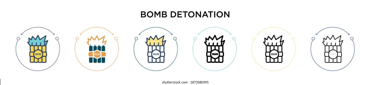 Bomb detonation icon in filled, thin line, outline and stroke style. Vector illustration of two colored and black bomb detonation vector icons designs can be used for mobile, ui, web