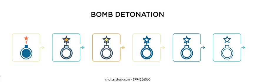 Bomb detonation vector icon in 6 different modern styles. Black, two colored bomb detonation icons designed in filled, outline, line and stroke style. Vector illustration can be used for web, mobile,