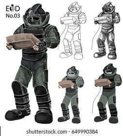Bomb Disposal Expert cartoon vector, Man in EOD Suit , Hand drawn of Explosive Ordnance Disposal (EOD)