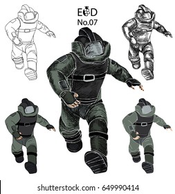 Bomb Disposal Expert cartoon vector, Man in EOD Suit , Hand drawn of Explosive Ordnance Disposal (EOD)