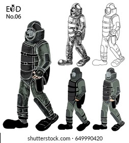 Bomb Disposal Expert cartoon vector, Man in EOD Suit , Hand drawn of Explosive Ordnance Disposal (EOD)