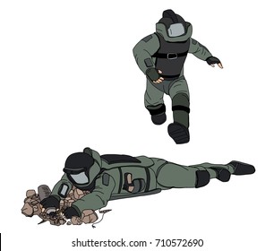 Bomb Disposal Expert cartoon vector, Man in EOD Suit , Hand drawn of Explosive Ordnance Disposal (EOD)