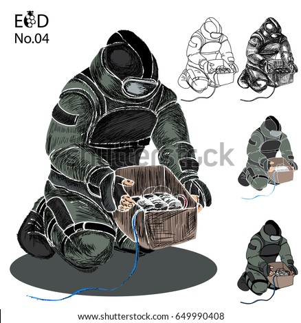 Bomb Disposal Expert cartoon vector, Man in EOD Suit , Hand drawn of Explosive Ordnance Disposal (EOD)