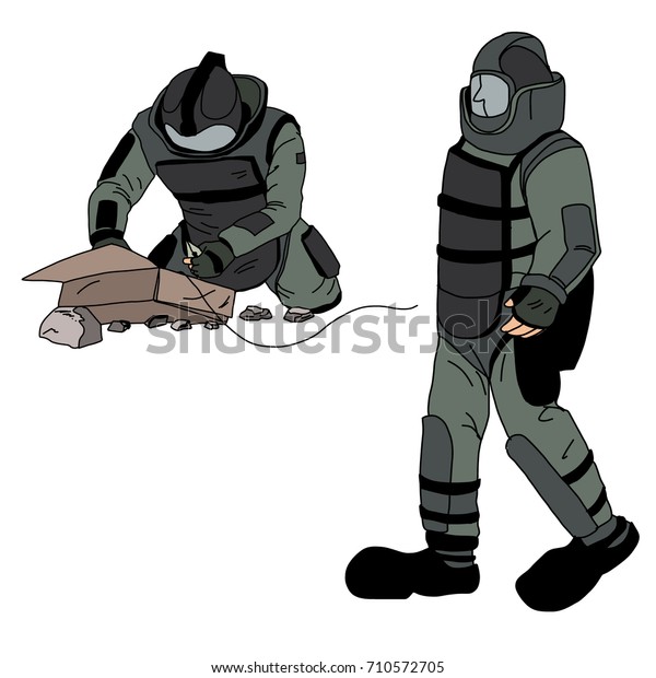 Bomb Disposal Expert\
cartoon vector, Man in EOD Suit , Hand drawn of Explosive Ordnance\
Disposal (EOD)