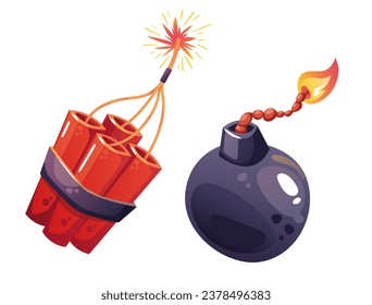 Bomb dynamite boom explosive ignite rope firecracker isolated set. Vector flat graphic design illustration