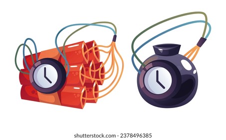 Juego aislado de cohete detonador explosivo de dinamita de bomba. Ilustración de diseño gráfico plano vectorial