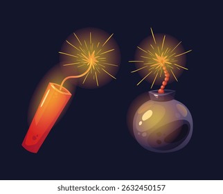 Bomba dinamite boom explosivo incendiar conjunto isolado de fogos de corda. Ilustração de design gráfico plano vetorial