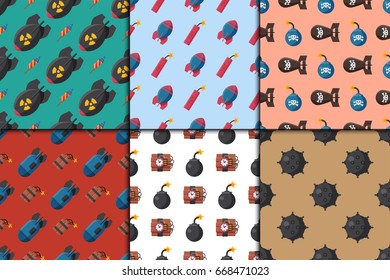 Bomb dynamite fuse vector illustration grenade seamless pattern attack power ball burning detonation explosion
