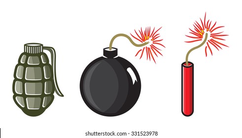Bomb, dynamite, granate cartoon vector icons