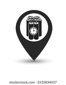 Bomb or dynamite and location pin in flat style. Dynamite vector illustration on white isolated background. C4 tnt business concept. stock illustration